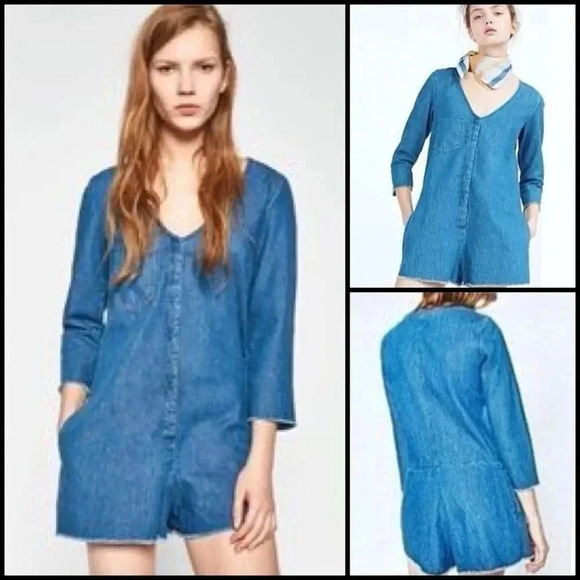 Zara Denim 3/4 Sleeve Playsuit\Romper Raw Hem/Wrist Pockets Y2K Retro Size L - Picture 1 of 10